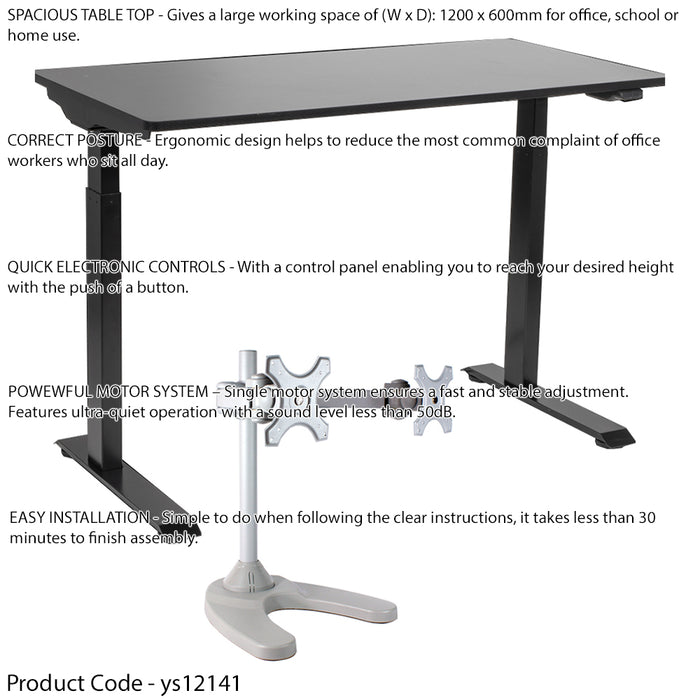 1200 x 600mm Black Electric Sit Standing Desk & Twin Monitor Bracket Office Set