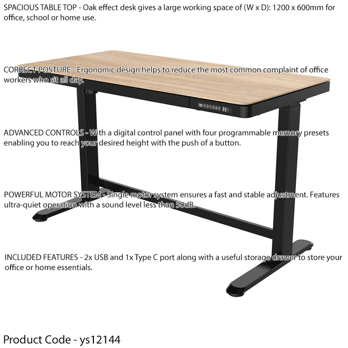 1200 x 600mm Black / Oak Electric Sit Standing Desk - USB & Drawer Office Stand