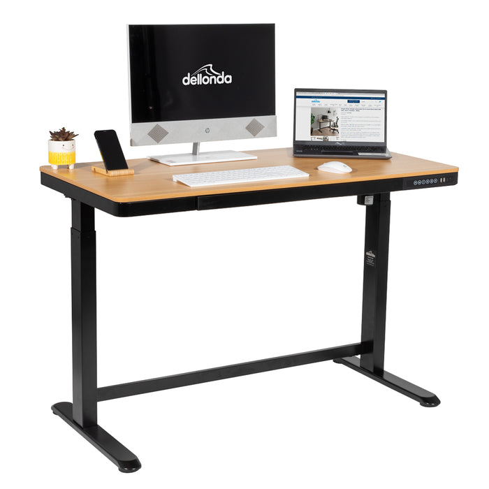 1200 x 600mm Black / Oak Electric Sit Standing Desk - USB & Drawer Office Stand