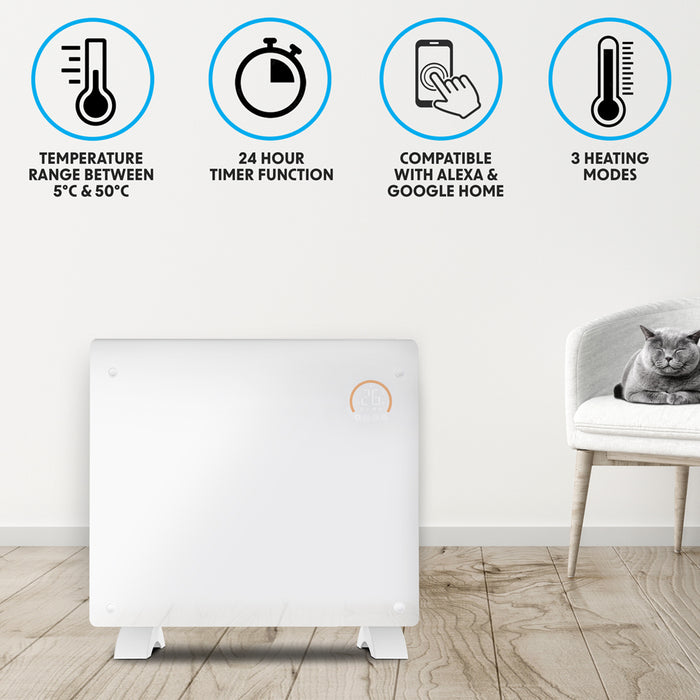 Electric White Glass Panel Heater - 1000W Smart Wi-Fi Wall Moutned Radiator