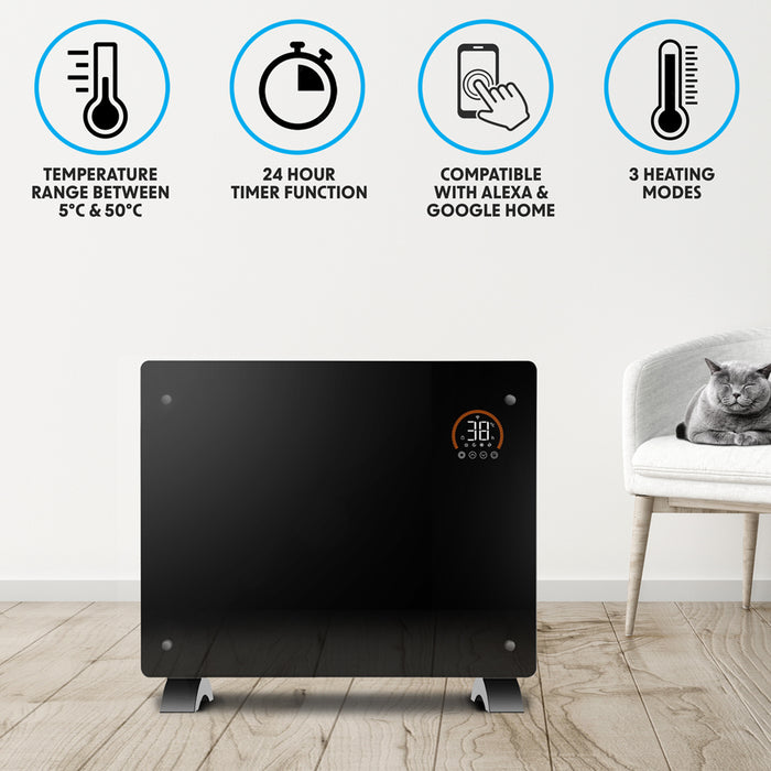 Electric Black Glass Panel Heater - 1500W Smart Wi-Fi Wall Moutned Radiator