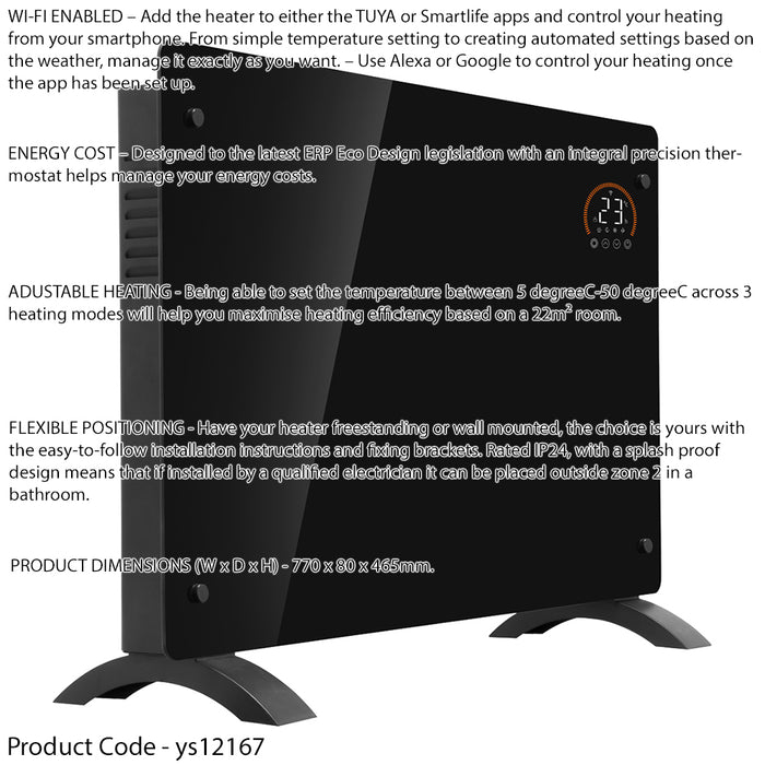 Electric Black Glass Panel Heater - 2000W Smart Wi-Fi Wall Moutned Radiator