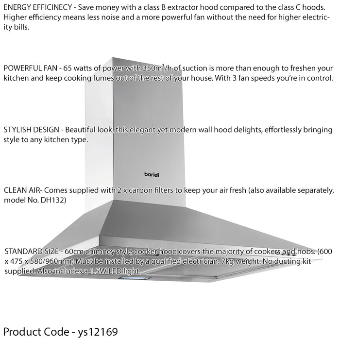60cm STEEL Chimney Style Cooker Hood & Carbon Air Filters Kitchen Extractor Fan - LoopsDirect