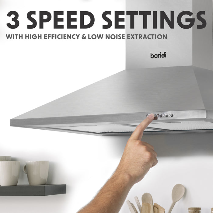 60cm STEEL Chimney Style Cooker Hood & Carbon Air Filters Kitchen Extractor Fan - LoopsDirect