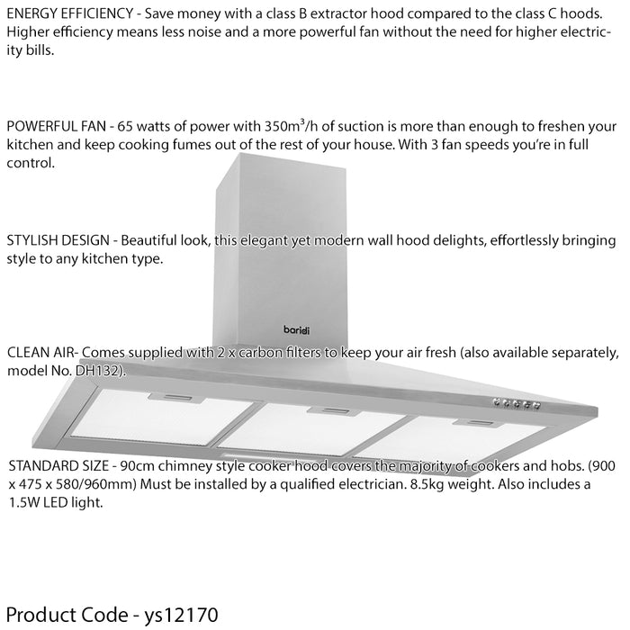 90cm STEEL Chimney Style Cooker Hood & Carbon Air Filters Kitchen Extractor Fan - LoopsDirect