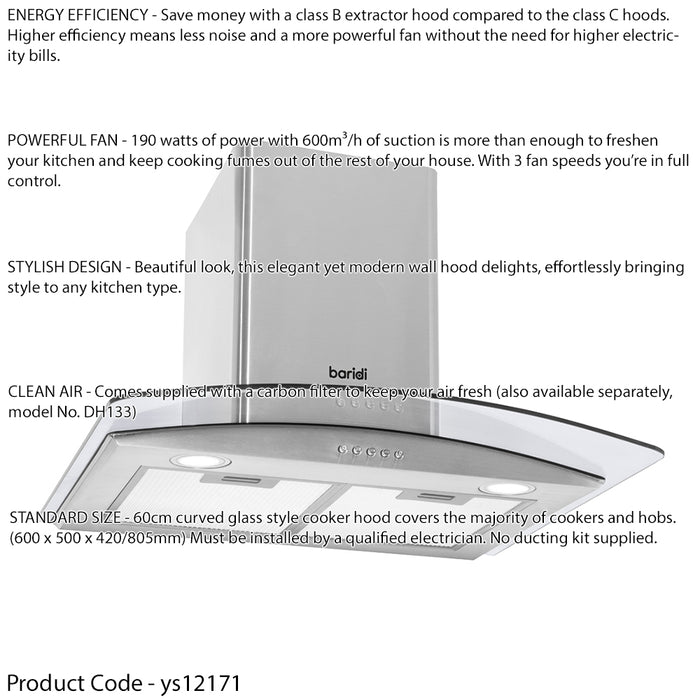 60cm Curved Glass & Steel Cooker Hood & Carbon Air Filters Kitchen Extractor Fan - LoopsDirect