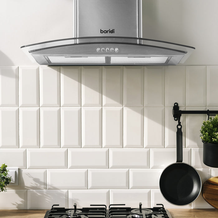 60cm Curved Glass & Steel Cooker Hood & Carbon Air Filters Kitchen Extractor Fan - LoopsDirect
