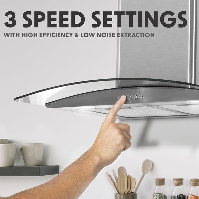 60cm Curved Glass & Steel Cooker Hood & Carbon Air Filters Kitchen Extractor Fan - LoopsDirect