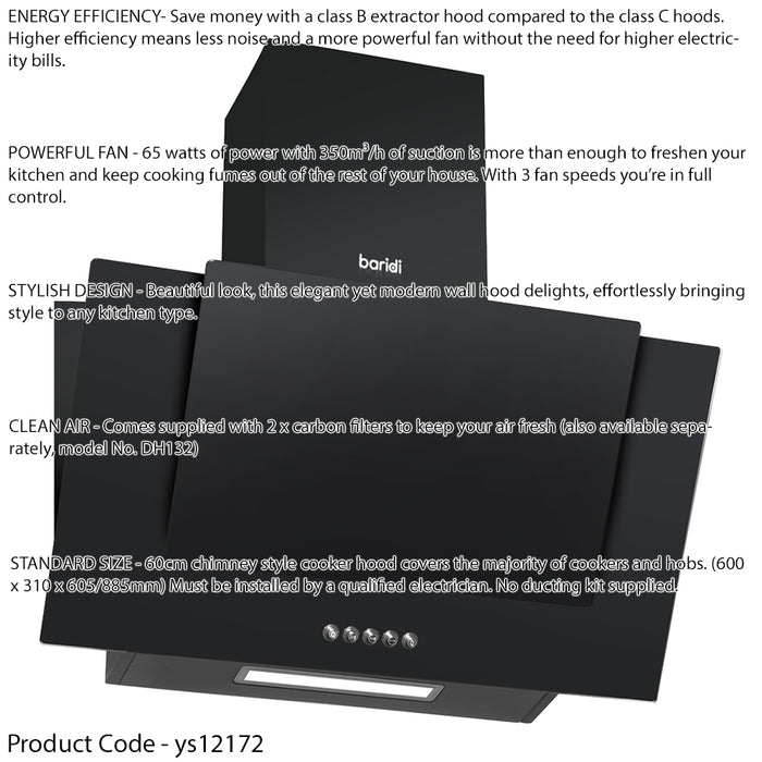 60cm Angled Black Glass Cooker Hood & Carbon Air Filters Kitchen Extractor Fan - LoopsDirect