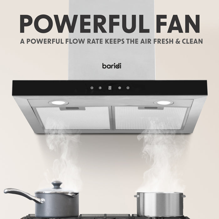 60cm STEEL Modern T Style Cooker Hood & Carbon Air Filters Kitchen Extractor Fan - LoopsDirect