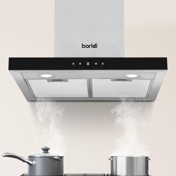 60cm STEEL Modern T Style Cooker Hood & Carbon Air Filters Kitchen Extractor Fan - LoopsDirect