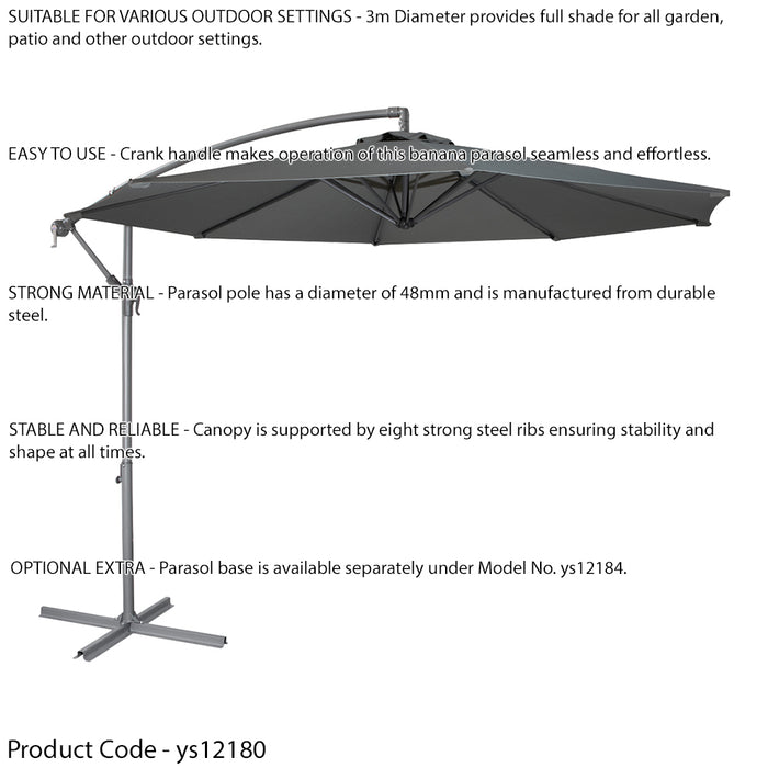Easy Open 3m Banana Parasol Grey - Garden Dining Umbrella Patio Cover Canopy