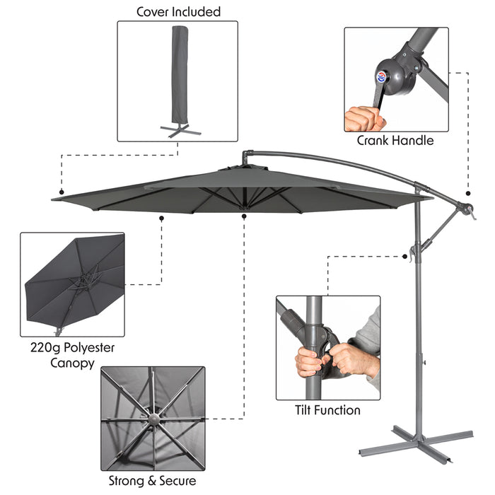 Easy Open 3m Banana Parasol Grey & 60L Wheeled Base - Garden Dining Umbrella Set