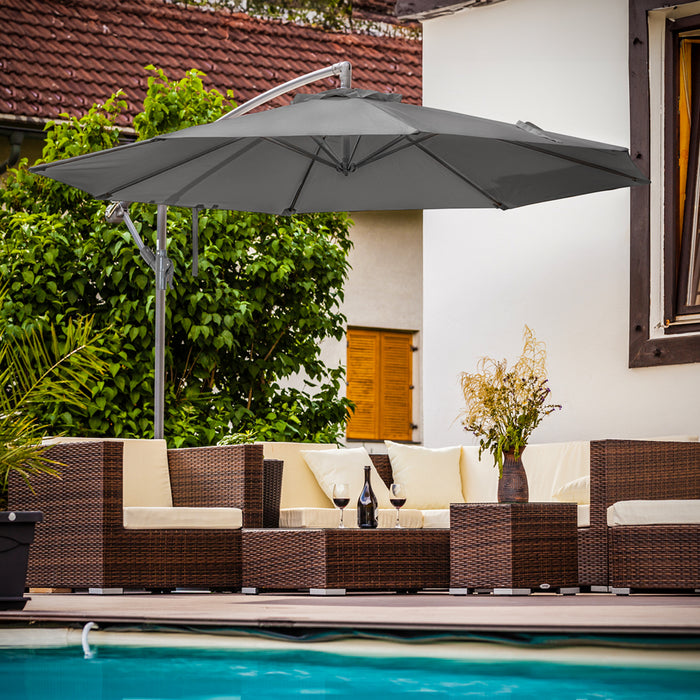 Easy Open 3m Banana Parasol Grey & 60L Wheeled Base - Garden Dining Umbrella Set