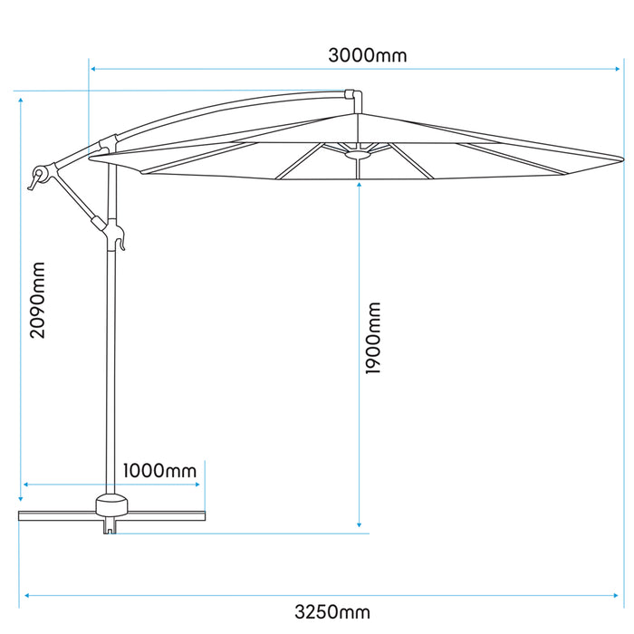 Easy Open 3m Banana Parasol Grey & 60L Wheeled Base - Garden Dining Umbrella Set