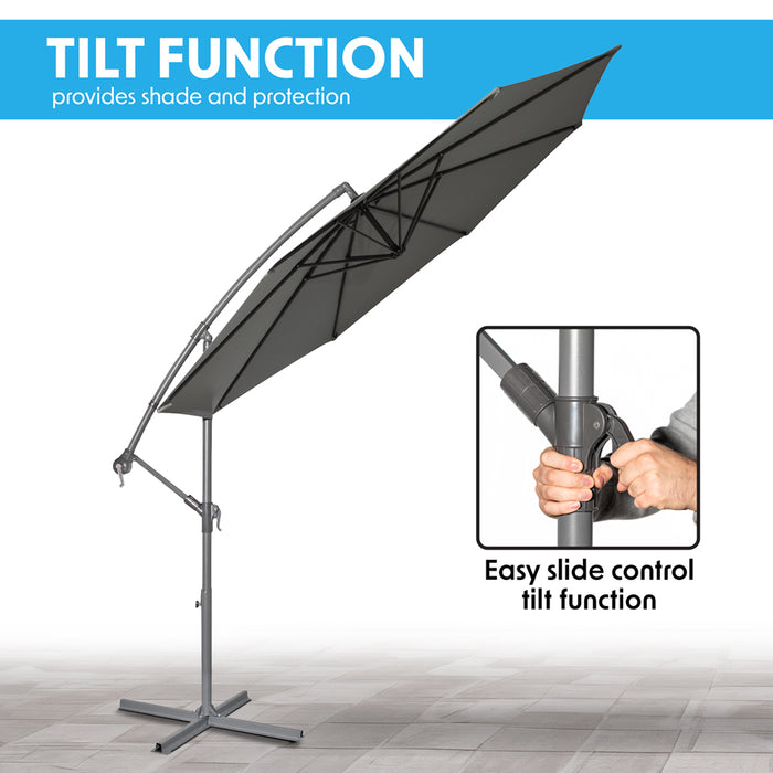 Easy Open 3m Banana Parasol Grey & 60L Wheeled Base - Garden Dining Umbrella Set