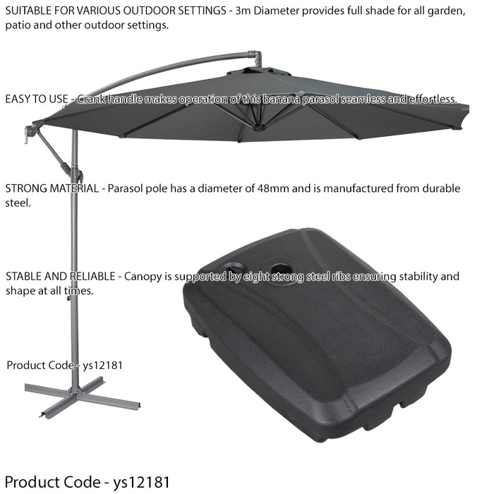 Easy Open 3m Banana Parasol Grey & 60L Wheeled Base - Garden Dining Umbrella Set