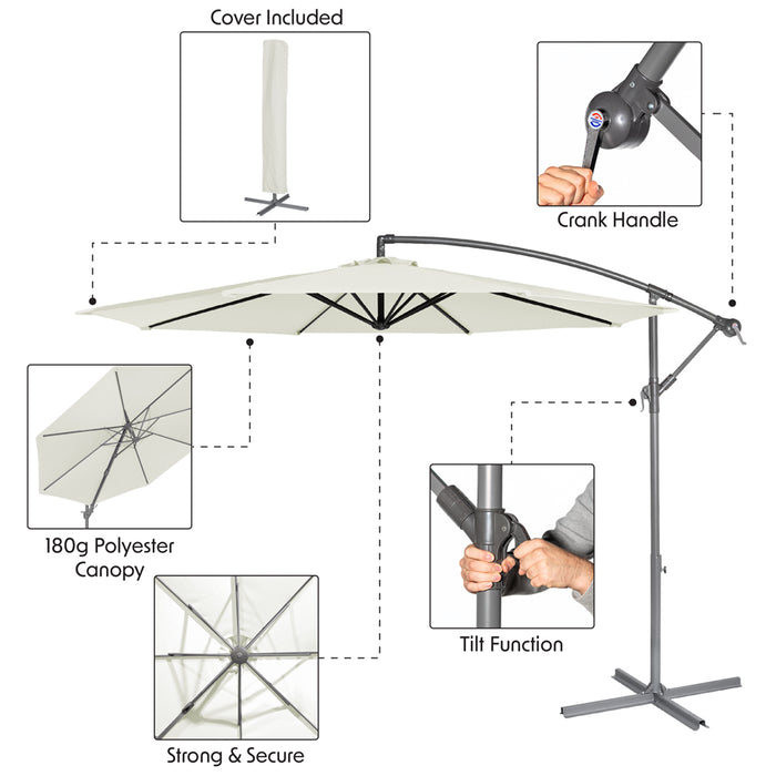 Easy Open 3m Banana Parasol Cream - Garden Dining Umbrella Patio Cover Canopy - LoopsDirect