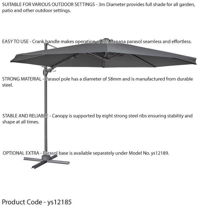 PREMIUM 3m Banana Parasol Grey - Easy Tilt & Swivel Garden Dining Patio Umbrella