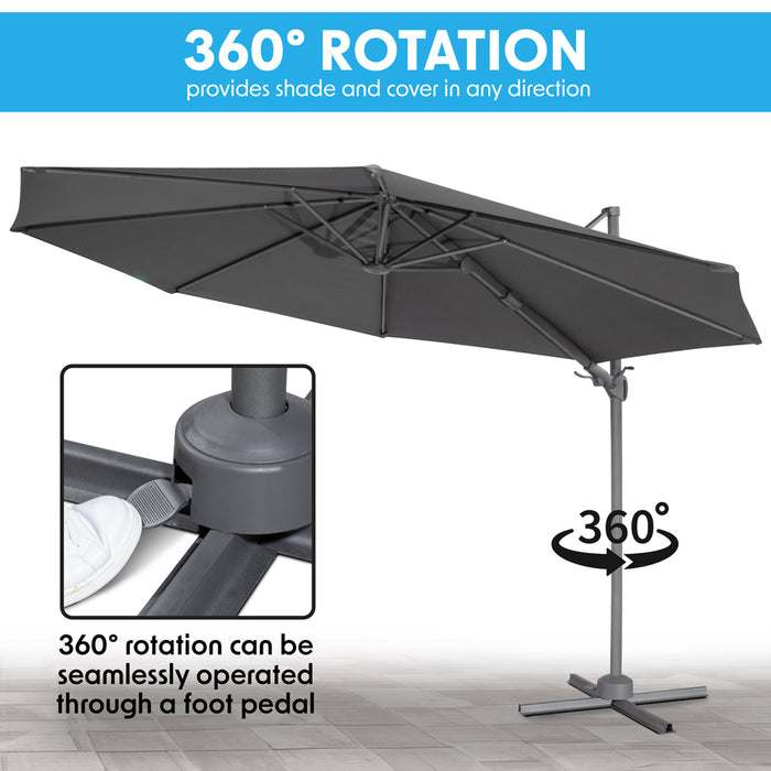 PREMIUM 3m Banana Parasol Grey & 92L Base Set Easy Tilt & Swivel Garden Umbrella