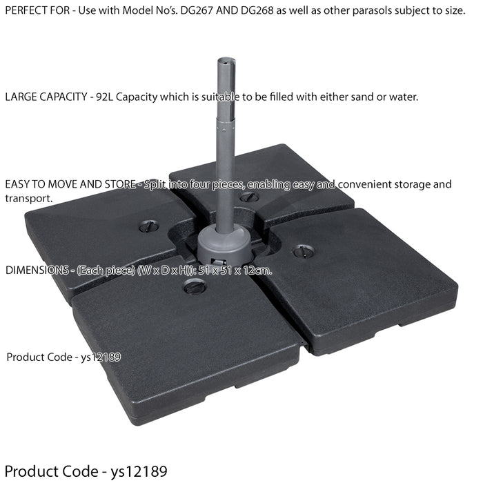 92L Fillable Parasol Base - Water & Sand - 4pc Cross / X Garden Umbrella Stand