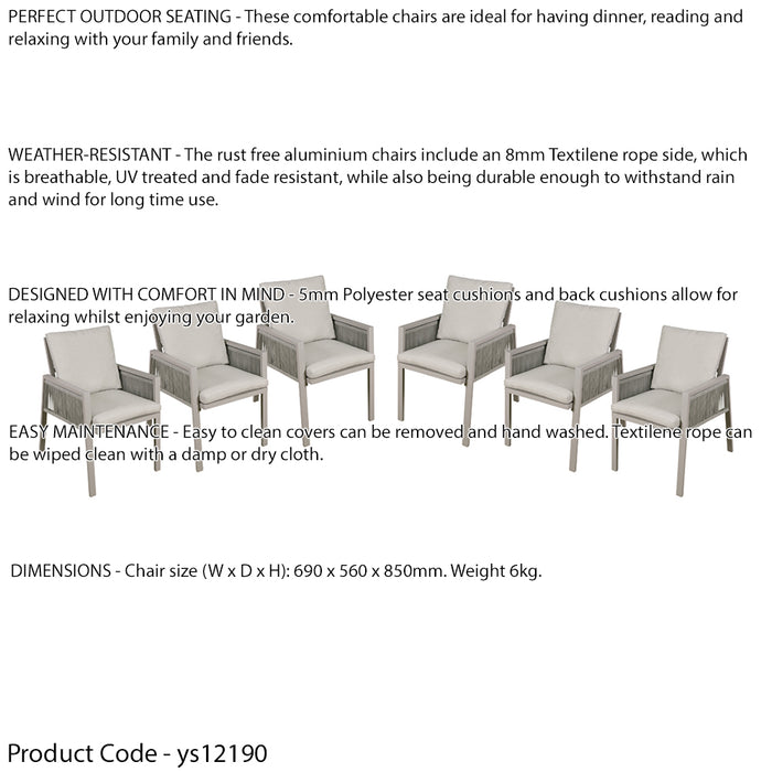 6 PACK Garden Dining Chairs & Armrests - Light Grey Aluminium & Rope - Outdoor - LoopsDirect