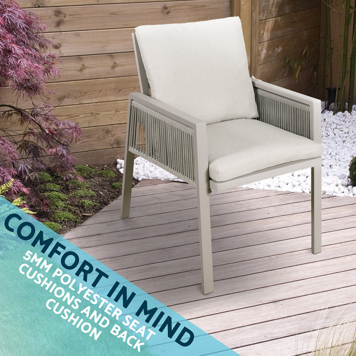 6 PACK Garden Dining Chairs & Armrests - Light Grey Aluminium & Rope - Outdoor