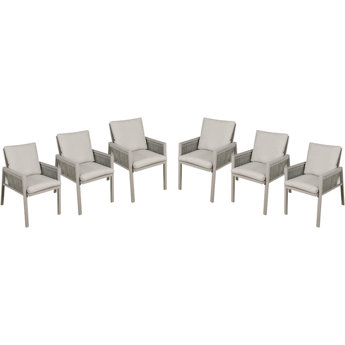 6 PACK Garden Dining Chairs & Armrests - Light Grey Aluminium & Rope - Outdoor