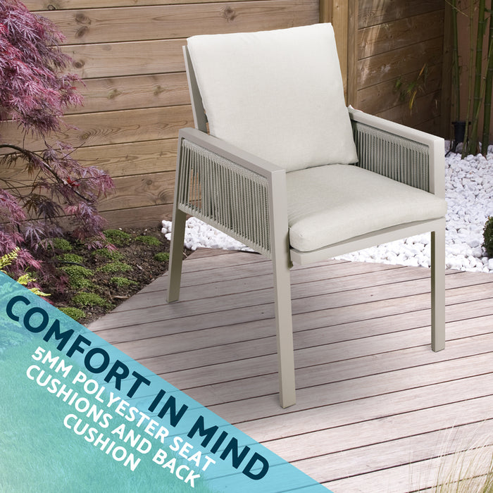 4 PACK Garden Dining Chairs & Armrests - Light Grey Aluminium & Rope - Outdoor