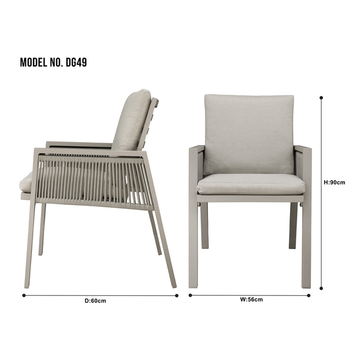 8 PACK Garden Dining Chairs & Armrests - Light Grey Aluminium & Rope - Outdoor - LoopsDirect