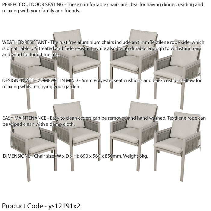 8 PACK Garden Dining Chairs & Armrests - Light Grey Aluminium & Rope - Outdoor - LoopsDirect