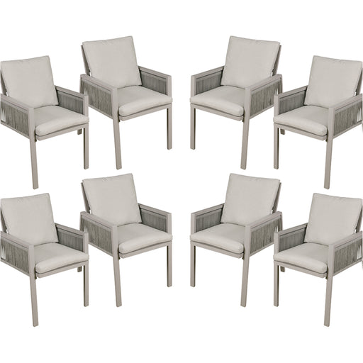 8 PACK Garden Dining Chairs & Armrests - Light Grey Aluminium & Rope - Outdoor