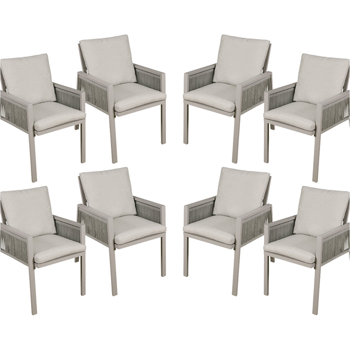 8 PACK Garden Dining Chairs & Armrests - Light Grey Aluminium & Rope - Outdoor