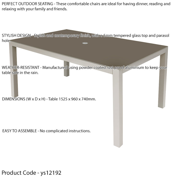 1.5m Garden Dining Table & Parasol Hole - Light Grey Aluminium Glass Top Outdoor