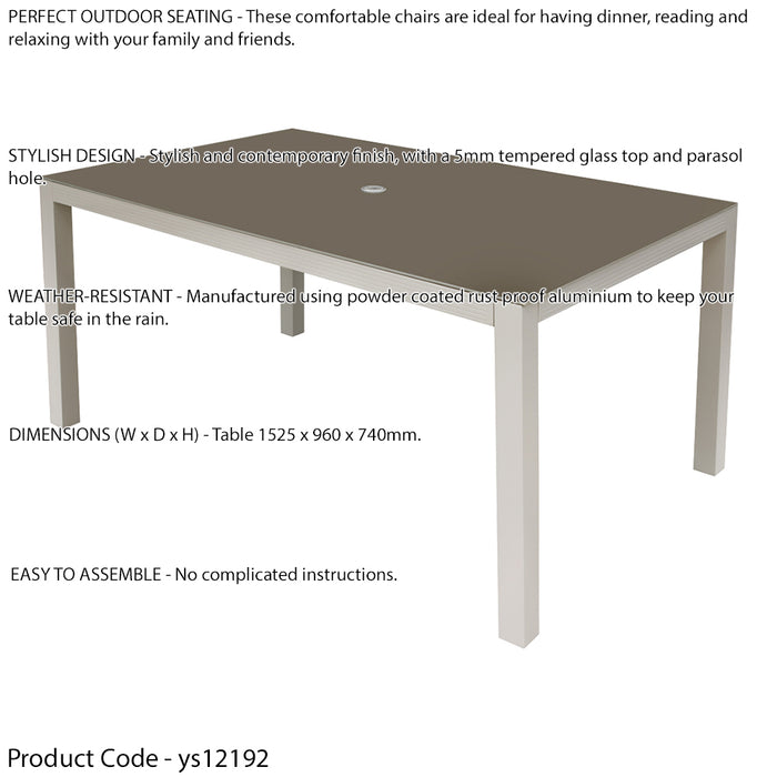 1.5m Garden Dining Table & Parasol Hole - Light Grey Aluminium Glass Top Outdoor - LoopsDirect