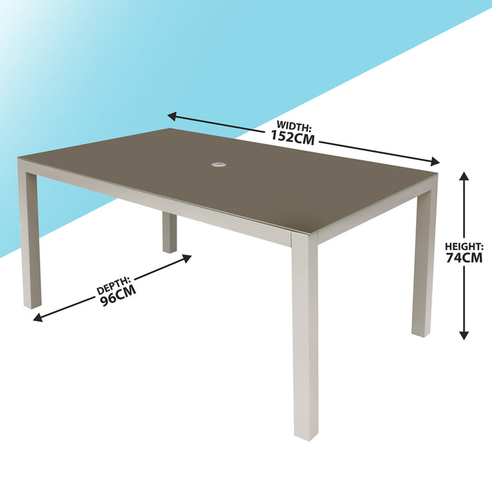 1.5m Garden Dining Table & Parasol Hole - Light Grey Aluminium Glass Top Outdoor