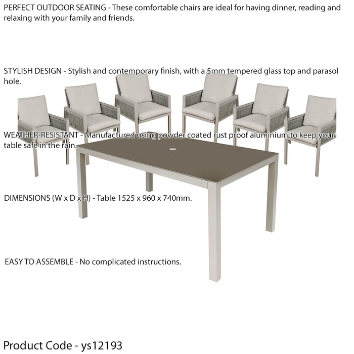 Garden Dining Set - 1.5m Table & 6x Chairs - Light Grey Aluminium & Rope Outdoor