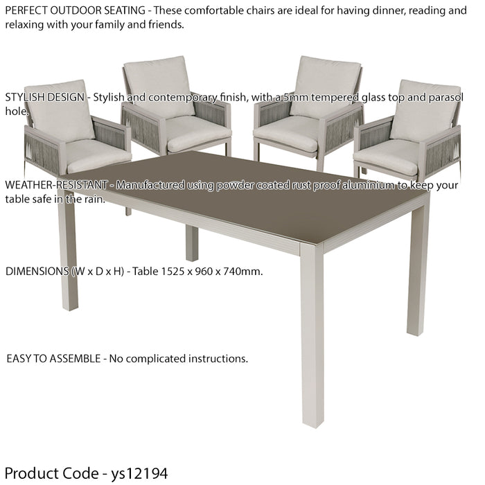 Garden Dining Set - 1.5m Table & 4x Chairs - Light Grey Aluminium & Rope Outdoor