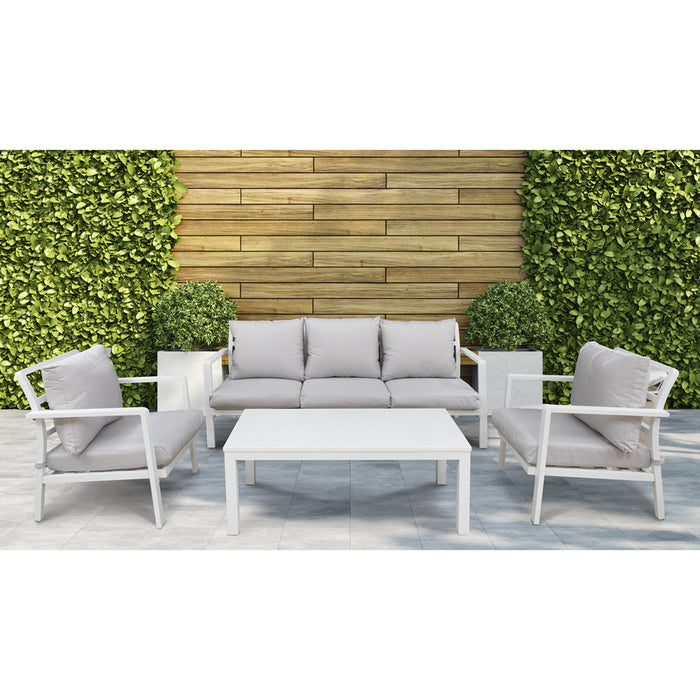 Premium 5 Seater Garden Coffee Table Set - White Aluminium Sofa & Grey Cushions