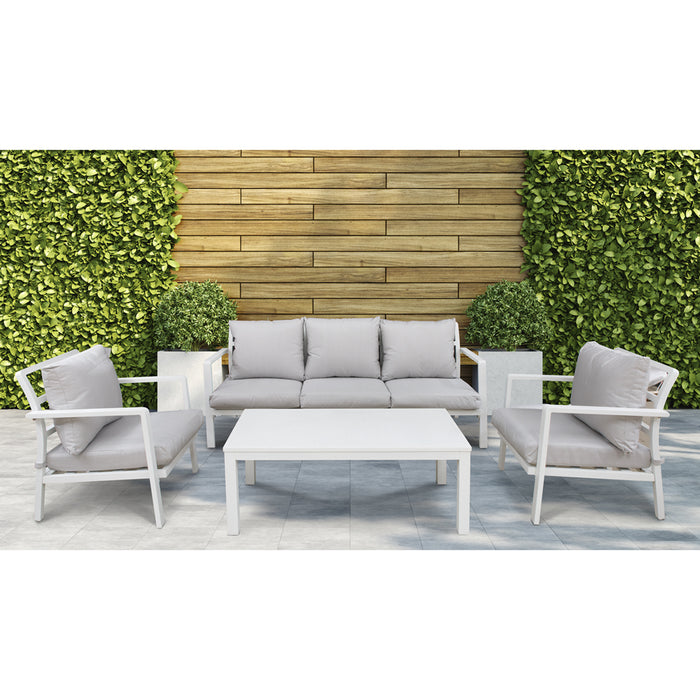 Premium 5 Seater Garden Coffee Table Set - White Aluminium Sofa & Grey Cushions - LoopsDirect