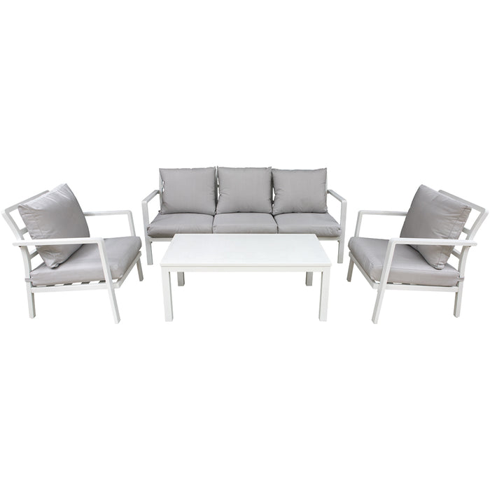 Premium 5 Seater Garden Coffee Table Set - White Aluminium Sofa & Grey Cushions