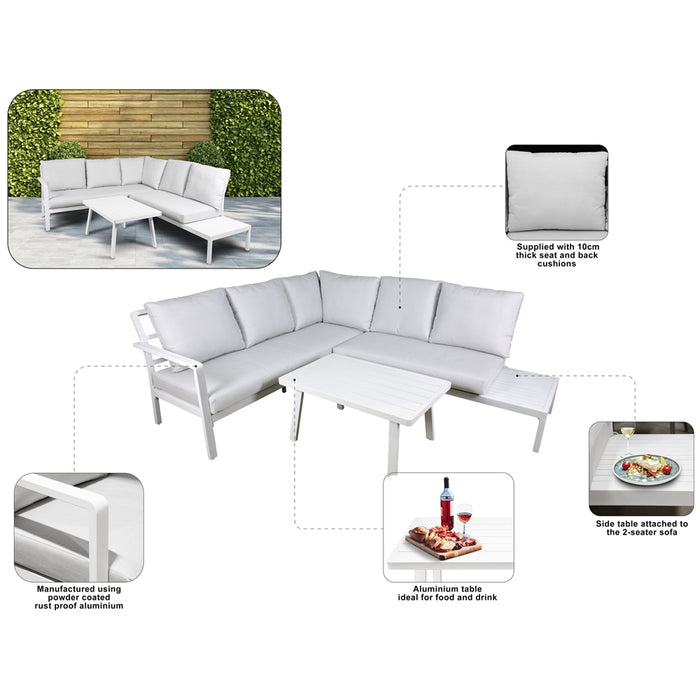 Premium 5 Seater Garden Coffee Table & Parasol Set - White Aluminium Corner Sofa