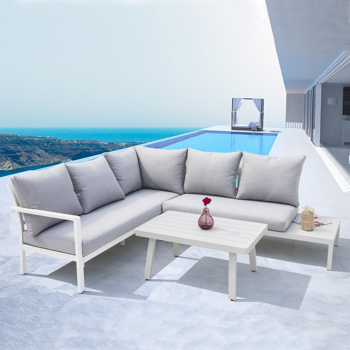 Premium 5 Seater Garden Coffee Table & Parasol Set - White Aluminium Corner Sofa