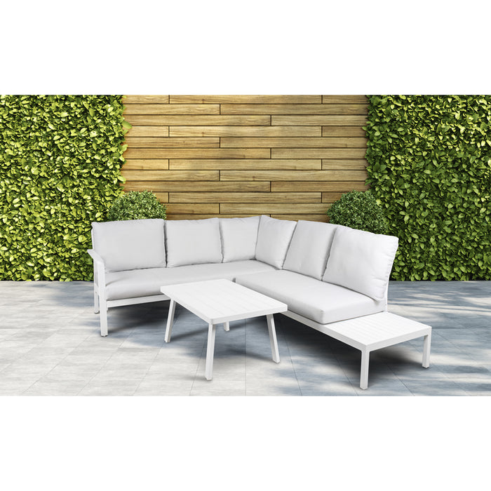 Premium 5 Seater Garden Coffee Table Set - White Aluminium Corner Sofa & Grey