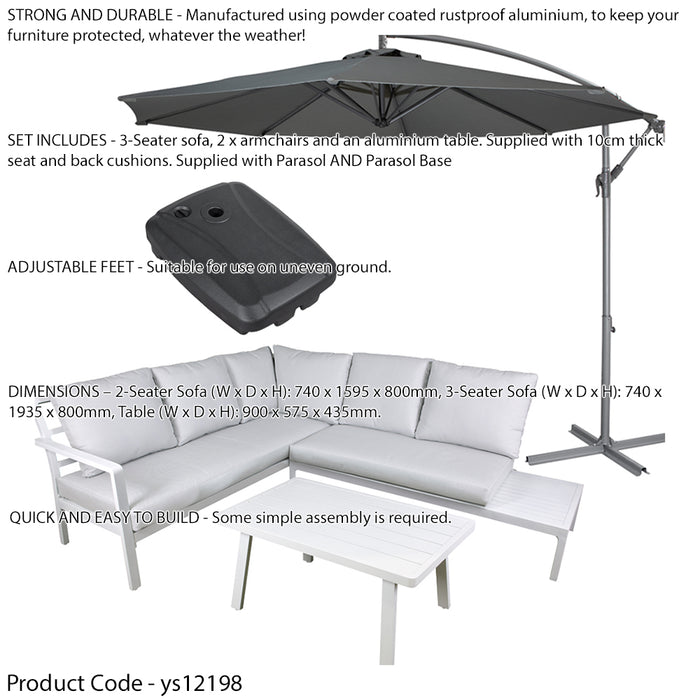 Premium 5 Seater Garden Coffee Table & Parasol Set - White Aluminium Corner Sofa - LoopsDirect