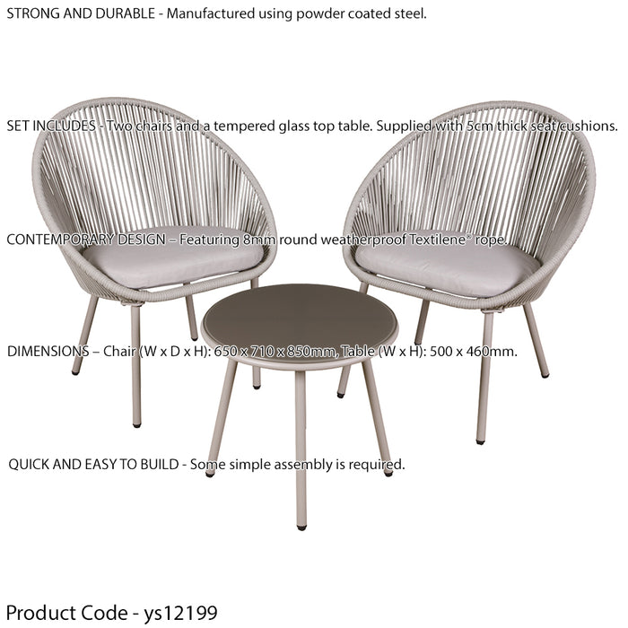 3pc Garden Bistro Set - Steel & Rope - Outdoor Dining Chair & Round Table Grey