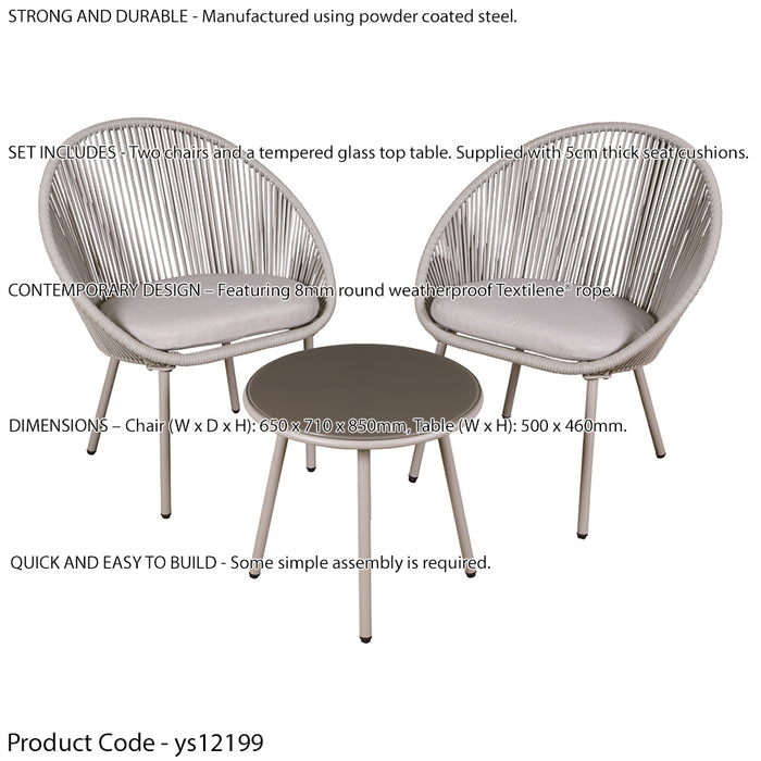 3pc Garden Bistro Set - Steel & Rope - Outdoor Dining Chair & Round Table Grey - LoopsDirect