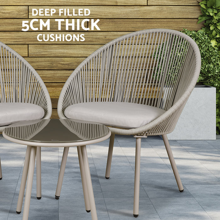 3pc Garden Bistro Set - Steel & Rope - Outdoor Dining Chair & Round Table Grey