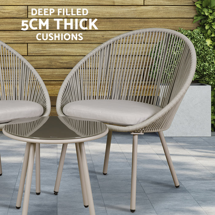 3pc Garden Bistro Set - Steel & Rope - Outdoor Dining Chair & Round Table Grey - LoopsDirect