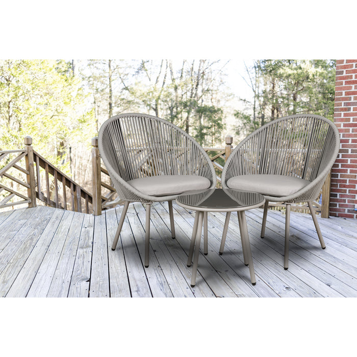 3pc Garden Bistro Set - Steel & Rope - Outdoor Dining Chair & Round Table Grey